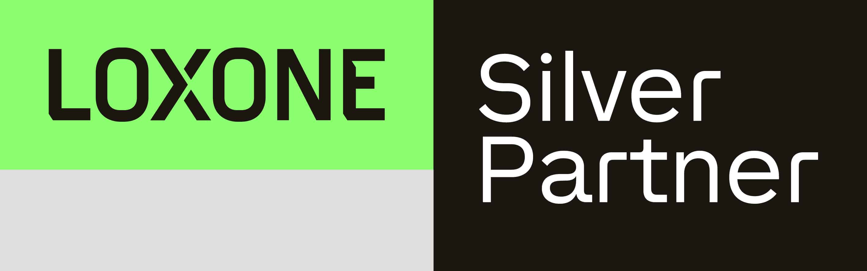 LOXONE_Partner-Logo_Silver_240x75_RZ_sRGB Loxone name on bright green background, silver partner in silver letters on b lack background